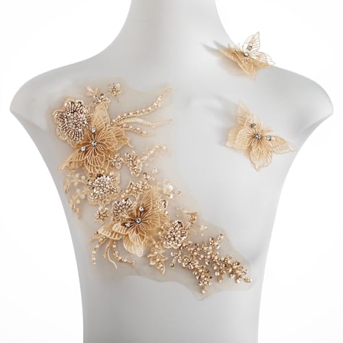 FixrWre Flower Pearl Fabric Rhinestones Beaded Lace Applique,3D Butterfly Embroidered Lace Patch for Clothes,Dress (Light Coffee)