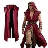 Túnica renacentista con capucha para hombre, disfraz vikingo para hombre, capa medieval con capucha hobbit, rojo vino, M