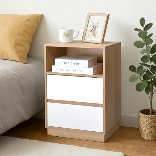 LEADZM Table de Chevet avec 2 tiroir 1 étagère Ouverte, Meuble de Nuit, Commode de Nuit, Table d'appoint, 40 x 30 x 60 cm (1, Chêne&Blanc)