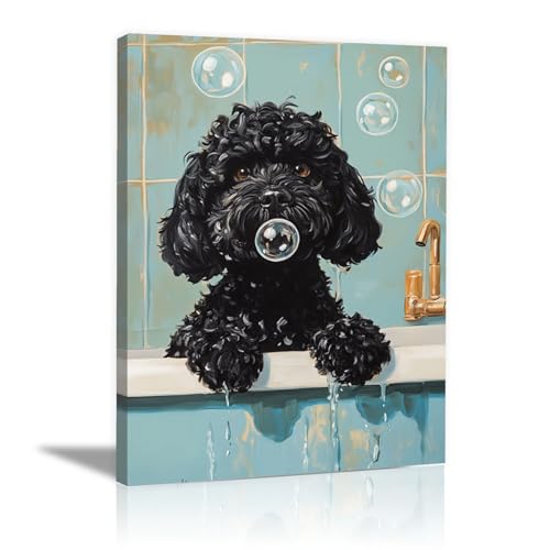 Cuadros para baño modernos de perro gracioso en la bañera, pintura abstracta enmarcada 20x30