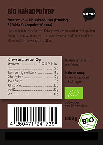 Roh Kakaopulver Rohkost Bio + Von Wohltuer + Nicht geröstet + Kalt verarbeitet + Aus Kleinbauernkooperative (1000g)