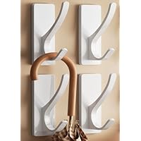 White Self Adhesive Coat Hooks for Hanging, Heavy Duty Stainless Double Wall Hook for Towel, Backpack, Hat, Sturdy Metal Hanger for Bathroom, Bedroom, Door, Wall Mounted, 4-Pack