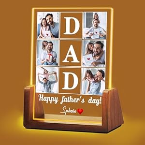 Fathers Day Personalized Gifts for Dad from Daughter Son Kids, Customized Acrylic Plaque LED Walnut Frame with Photos Night Light, Christmas Birthday Gifts for Dad Father PAPA Husband