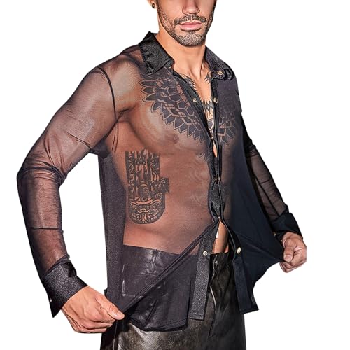 Men's Sheer Turn Down Shirt Sexy Mesh See Through Black Long Sleeve Muscle Tops Casual Nightclub Party Underwear2