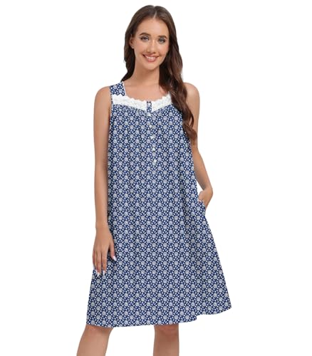 QRRLUEN 100% Cotton Nightgowns for Women Sleeveless Night Gown with Pockets Sleepwear Short Victorian Nightgown Ladies Nightdress Royal Blue Floral 2XL