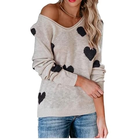 Viport Womens Loose Heart Pullover Long Sleeve Casual Knitted Sweaters (US, Alpha, Medium, Regular, Regular, White-Black) Cover