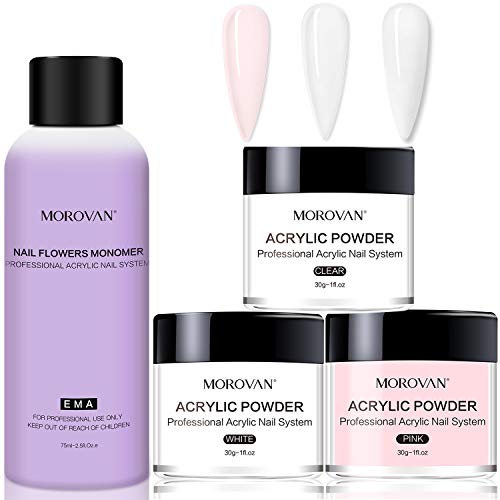 Morovan Acrylic Nail Kit Acrylic Powder and Liquid Set,3 Colors Pink White Clear Professional Acrylic Powder and Liquid Monomer