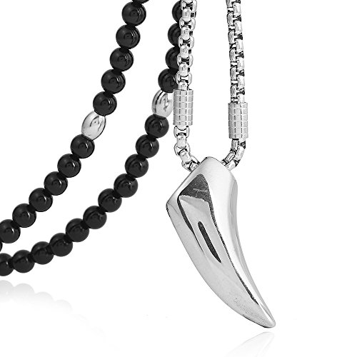 Pendentif dent de loup homme acier et agate noire BLEUM CADE, un cadeau symbolique unique