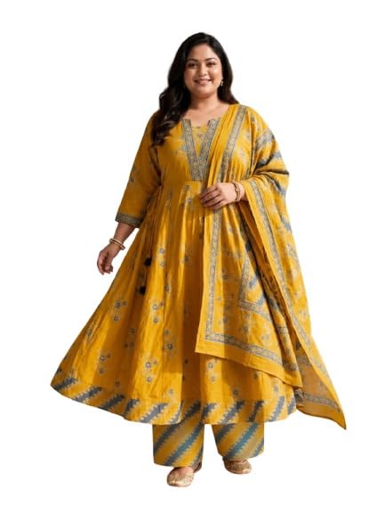 Yellow Floral Printed Anarkali Kurta with Pant and Dupatta, Plus Size Set-image-16