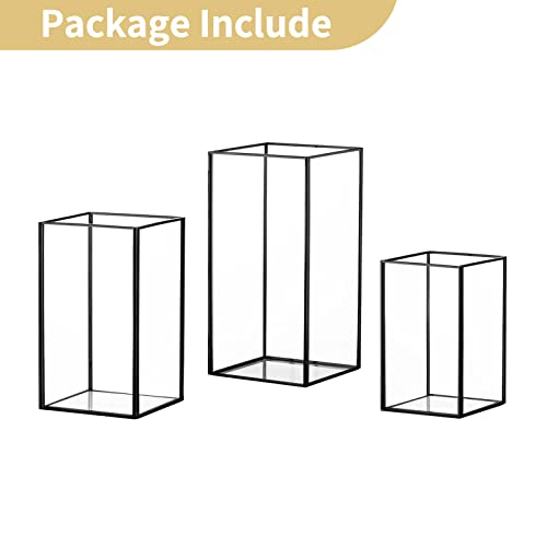 Nuptio Glass Hurricane Candle Holder For Pillar Candles 3 Pcs Black Metal Candle Holders Large Rectangular Candleholder Vase Centerpieces Decoration For Halloween Christmas Party 9.5 & 8.1 & 6.5 Inch #TOP6