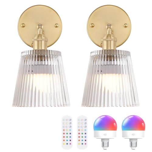 Image of Shenmoyl Vintage Battery Operated Wall Sconce with Transparent Stripe Glass Lampshade Rechargeable Battery Powered Wall Light with Remote Control for Bedside Bedroom Doorway, Set of 2