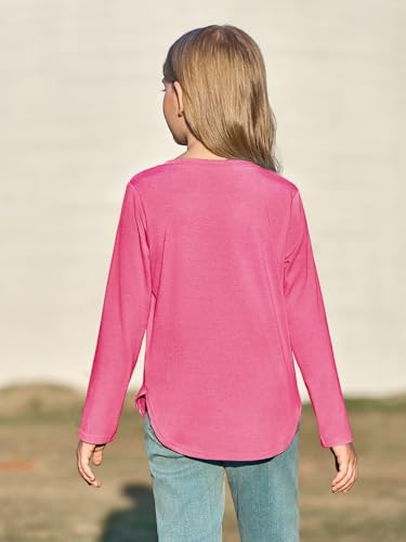 Image of Haloumoning Girls Long Sleeve T Shirts Kids Crewneck Tops 5-14 Years | Solid Color, Casual Loose Fit, Basic Tees, Curve Hem, Side Slit, Soft Tunic Tops, Fashion Clothes