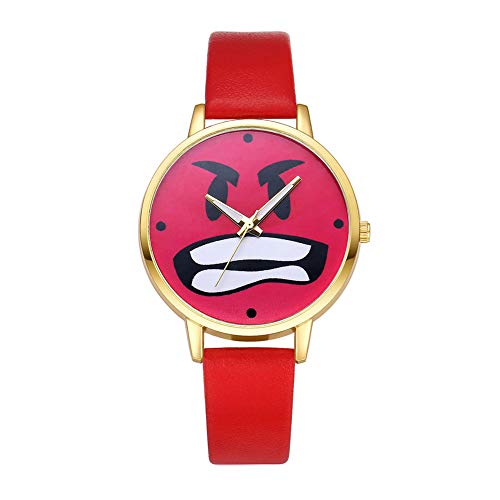 Jewelry Cute Red Angry Expression Faux Leather Band Round Quartz Wrist Watch Women Girls Gift,Colour Name:Rose Red (Color : Red)
