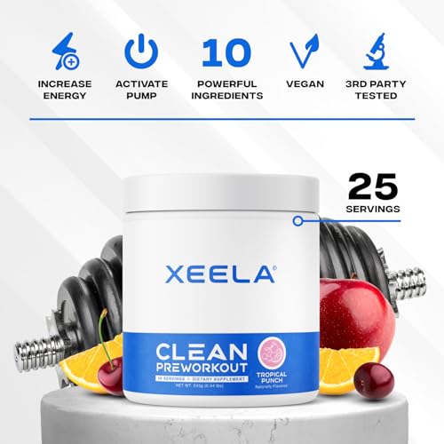Image of XEELA Pre Workout - Clean & Tested - Jitter Free, Safe, and Natural - Increase Thermogenic Energy, Focus, and Endurance w /Creatine, Organic Caffeine, and Plant Based Citrulline (Tropical Punch)