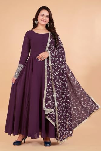 Image of ROYALICA Women's Georgette Gown Set with Solid Pattern Floor Length Round Neck Fit & Flare Full Sleeves Gown Pant and Embroidery Work Dupatta | Anarkali Gown Set for Women