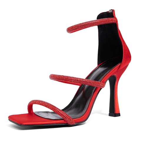 Jeesay Women's Rhinestones Strappy Stiletto High Heels Sandals Square Toe Back Zip Casual Dress Sandals Shoes (US7, Red)