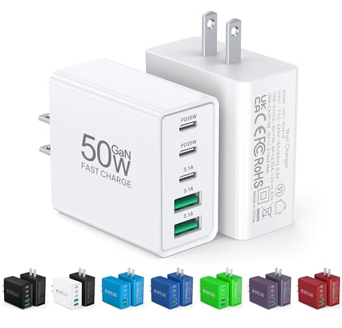 2Pack USB C Fast Charger Block,50W 5-Port USB Wall Charger Brick,2 USB A & 3 USB C PD3.0 Power Adapter Multiport Type C Charging Plug for iPhone 17/16/15/14,Pad Mini/Pro,AirPods 4,GalaxyS25(White)