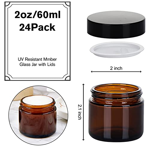 2oz Jars with Lids, Hoa Kinh 24 Pack Amber Glass Jars with Lids Empty Cosmetic Containers Round Airtight Glass Jar with Inner Liners and black Lid for Storing Lotions, Powders, and Ointments by 11 Hoa Kinh - Image 3