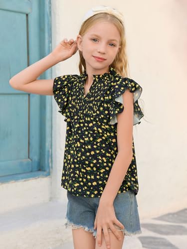 Image of Haloumoning Girls Ruffle Short Sleeve Floral Chiffon Blouses Kids Summer Shirts Tops 5-14 Years