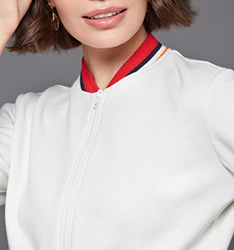 Image of Miss Chase Women's Off White V-Neck Full Sleeves Bomber Cropped Jacket