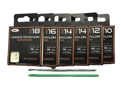 TFS Angling 60 X NGT Barbless Hooks to Nylon.Sizes 18,16,14,12,10, plus Aluminium & Plastic Disgorgers. (A)