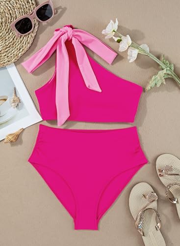 Herseas Women's One Bow Shoulder Bikini Sets 2 Piece Ruched Swimsuit Elegant Bathing Suit4