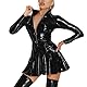 TUYMNI Damen Wetlook Minikleid PU Leder Bodycon Kleid Eng Lederkleid V Ausschnitt Tights Bodycon LederKleid Einteilige Glossy Hautenge Ledersuit Bühnenkostüm Erotik Sexy Clubwear(lange Ärmel)…