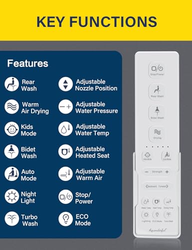 Aquonderful Bidet Toilet Seat, Smart Unlimited Warm Water, Electronic Heated Toilet Seat with Remote Control, Turbo Wash, Dryer, Rear and Front Wash, Slow Closes, Night Light, White 225 (Elongated) - Image 8