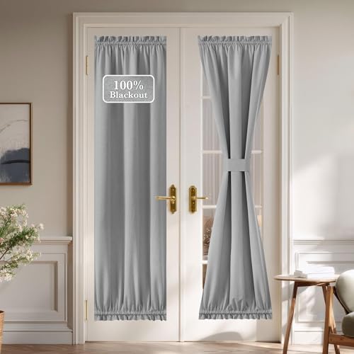 NICETOWN 100% Linen Blackout Curtain for Door Window, Thermal Insulated French Front Back Door Window Covering for Glass Patio Rod Pocket with Tieback