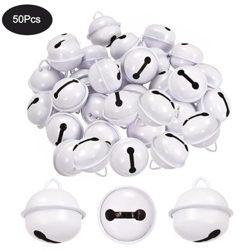 50 Stück weiße Glöckchen aus Metall, runde Glocken, Bastelglocken, kleine Glocken, farbige Weihnachtsglocken für Weihnachten, Windspiele, Schmuck, Ornamente, Urlaub, Zuhause, Party-Dekoration