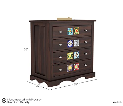Image of Sheesham Wood Tile Chest of Drawers 4 Drawers Wooden Dresser with Storage Organizer for Bedroom Living Room Home (Walnut Finish)