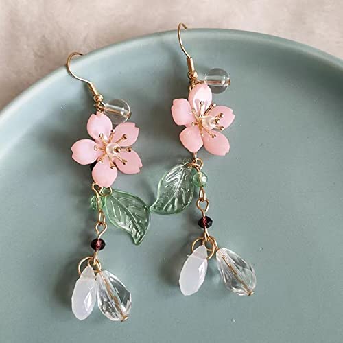 Pink Flower Dangle Earrings for Women: Cute Cherry Blossoms Pearl Leaf Sakura Floral Drop Fairy Floral Tassel Earrings for Summer Holiday2