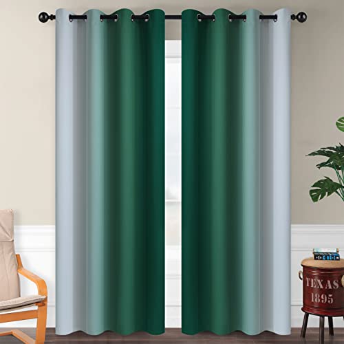 Image of SimpleHome Ombre Dark Green to Grey White Curtains for Living Room 52Wx84L | Room Darkening Curtains for Bedroom,Gradient Light Blocking Curtain,Thermal Insulated Grommet Window Drapes,2 Panels,84 Inch