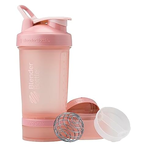 BlenderBottle Shaker Bottle with Pill Organizer and Storage for Protein Powder, ProStak System, 22-Ounce, Rose Pink Cover