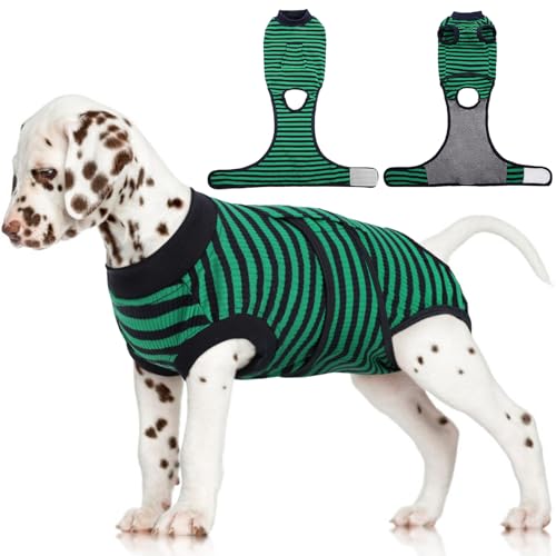 Image of FUAMEY Recovery Suit for Dogs After Surgery,Soft Breathable Dog Bodysuit E-Collar & Cone Alternative Surgical Suit,Male Female Dog Neuter Spay Suits Anti Licking Wounds Onesie Green Black Stripes S