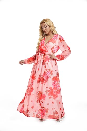 Image of lvenzse Womens Maxi Dress Boho Chiffon Floral Printed Long Party Dresses Plus Size with Belt (FBA)