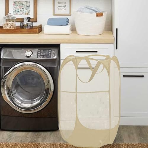 Image of BATTOO Deluxe Strong Mesh Pop up Laundry Hamper Basket with Side Pocket for Laundry Room, Bathroom, Kids Room, College Dorm or Travel Beige