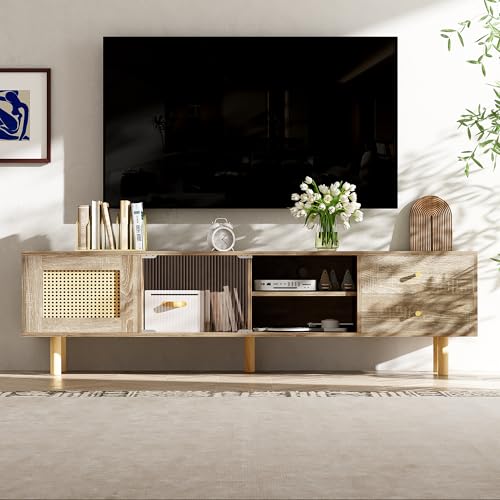 Zepneiy Meuble TV avec Porte en Imitation rotin, Compartiment Ouvert et Porte coulissante en Verre, avec tiroirs 172×35×48cm