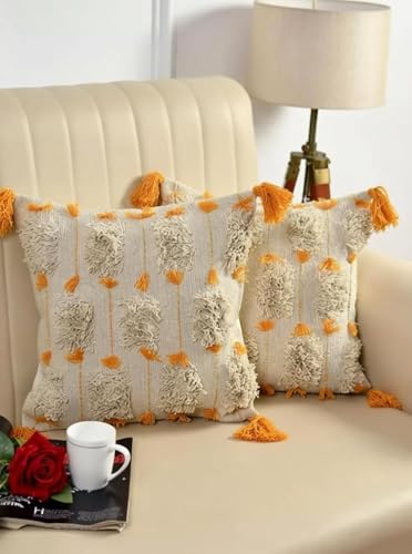 Image of Cushion Cover Pack of 4 (16x16 Inches) | Cotton Textured Decorative Throw Pillow Case for Sofa Bed Living Room Tufted Cushion Cover with Tassels (Offwhite-Yellow)