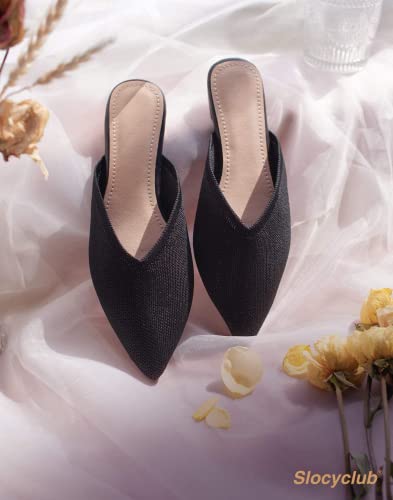 Slocyclub Flat Mules for Women, Closed Pointed Toe Flat Loafers for Ladies, Slip-On Home Early Spring Knitted Slide Mules Shoes(7, Black) - Thumbnail 6