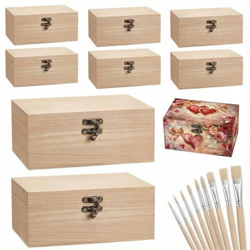 Reginary 8 Pcs Unfinished Wooden Box for Crafts Unpainted Wood Box with Hinged Lid Front Clasps Plain Jewelry Photo 6.7 x 5.1 x 3.2 In for DIY Valentine Make Your Own Gift Keepsake Storage