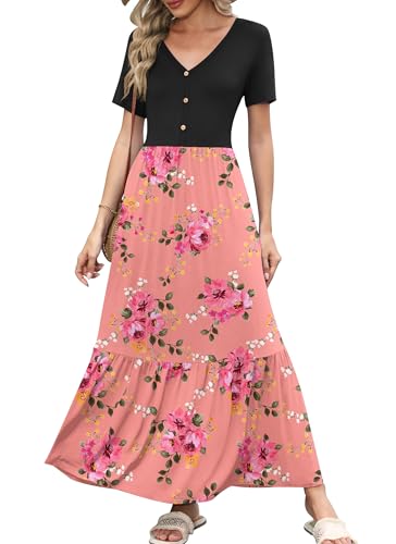 Image of VIISHOW Women's Short Sleeve Maxi Dress 2026 Summer V Neck Knit Loose Plain Empire Waist Casual Dresses with Pockets