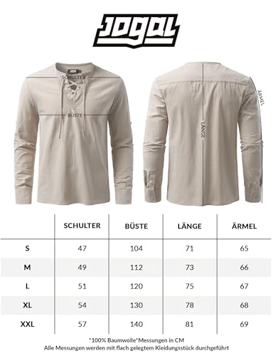 JOGAL Herren Vintage Renaissance Kostüm Schnürung Hemd Langarm Baumwolle Freizeithemd für Mittelalterliches Wikinger Piraten Groß Beige