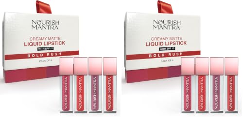 Image of Nourish Mantra Bold Rush Creamy Matte Liquid lipstick combo with SPF 15 Set of 4(1.2ml Each) | Mini Lipstick |red lipsticks | Water Proof | Smudge Proof | transfer Proof | Long Lasting | for all Skin tones
