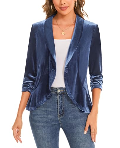 Image of MINTLIMIT Women's Shawl Collar Velvet Blazer Ruffle Hem with One-Button Closure 3/4 Sleeve Cardigan (Blue L)