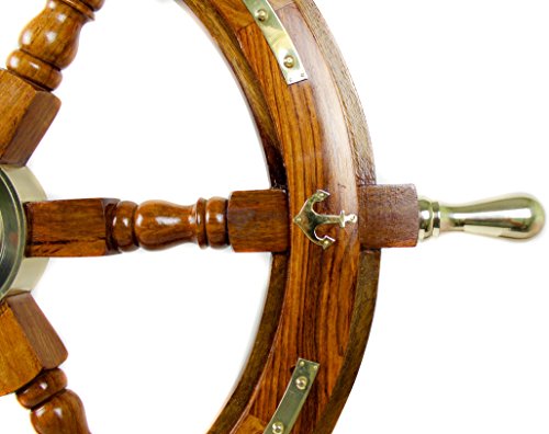 Nagina International Nautical Premium Sailor's Hand Crafted Brass & Wooden Ship Wheel | Luxury Gift Decor | Boat Collectibles (24 Inches, Anchor & Strips With Brass Handles) #TOP2