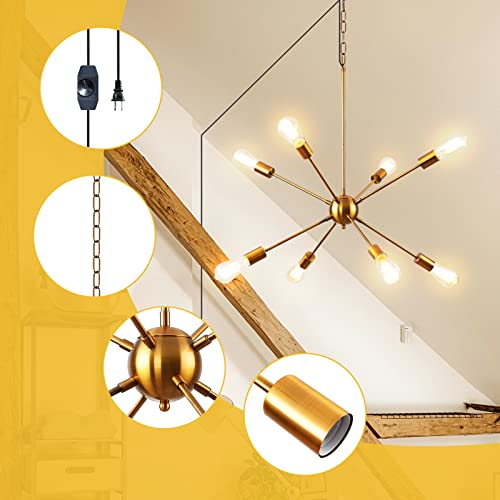 Hoxiya 26.3" Dimmable Plug In Chandelier, Modern Sputnik Chandeliers Brushed Gold 8-Lights Plug In Pendant Light, Mid Century Hanging Ceiling Lighting Fixture For Dining Room Bedroom Kitchen Entryway #TOP4