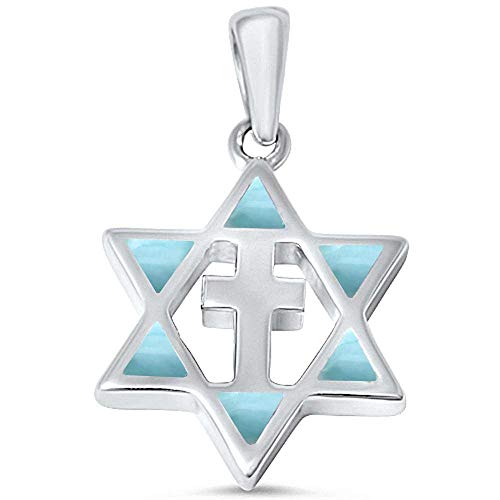 CloseoutWarehouse Natural Larimar Star of David with Cross Pendant Sterling Silver
