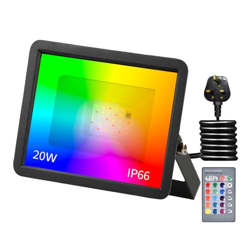 Phlbao 20W LED Floodlight Outdoor, 220V Colour Changing Flood Lights with Remote Control, 16 RGB Colours, Timing, 4 Modes, IP66 Waterproof