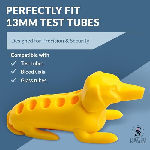 Image of Schaller Industries Dachshund Test Tube Rack - for 13mm Lab Vertical Storage Tubes, Holds 10 Glass & Plastic Test Tube Holder Rack, Vial Holder, Phlebotomy Supplies and Equipment- Bright Yellow